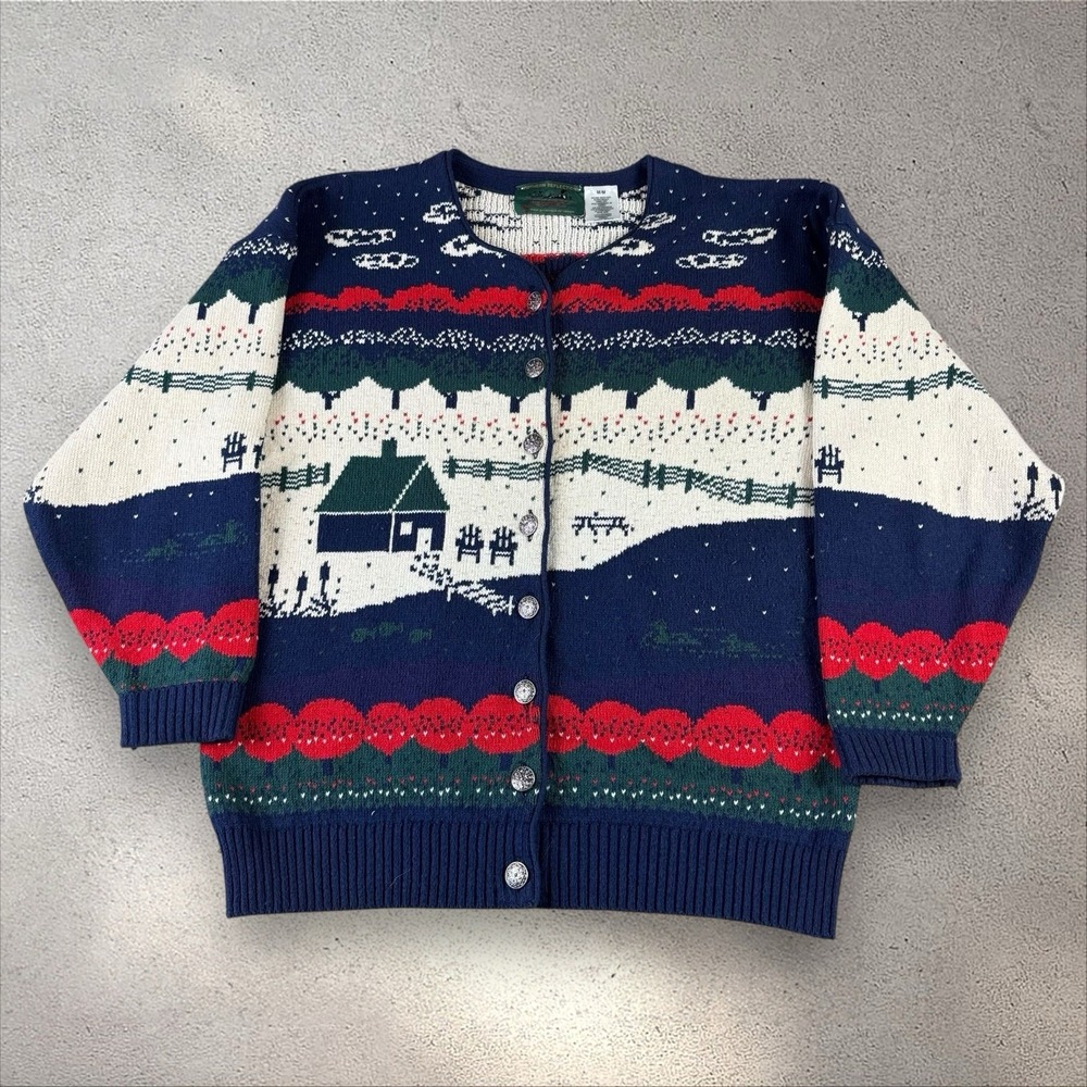 Vtg Northern Reflections Cardigan Sweater Winter Cabin Ducks Cottagecore Sz M